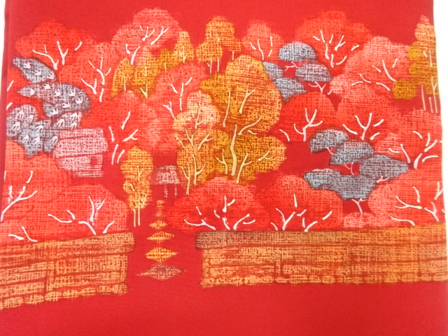 JAPANESE KIMONO / ANTIQUE NAGOYA OBI / SILK / SHIOZE / HAND PAINTED / SCENERY OF MANSION / ARTIST WORK